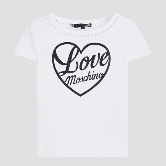 Authentic Love Moschino Faux Pearl Embellished Glittered Tee NWT - Picture 8 of 14